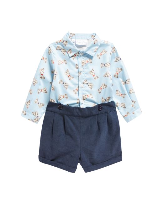 Rachel Riley Puppy Print Cotton Button-Up Shirt Shorts Set in at