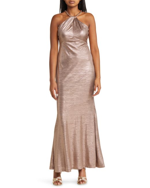 Vince Camuto Metallic Embellished Twist Neck Gown in at 0