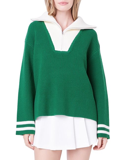 English Factory Colorblock Half-Zip Sweater Dark White