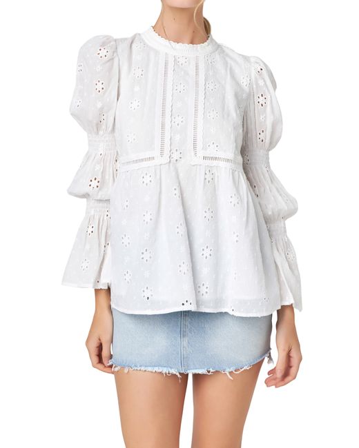 English Factory Eyelet Long Sleeve Cotton Top in at X-Small