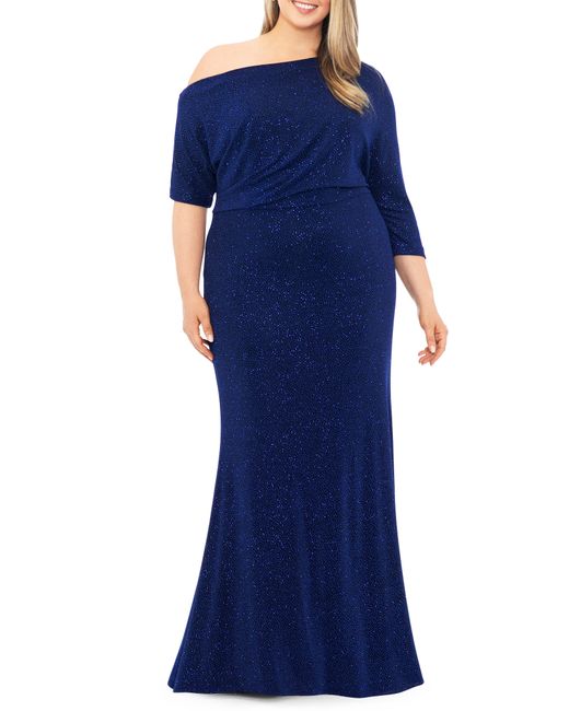 Betsy & Adam Glitter One-Shoulder Gown in Navy/Navy at