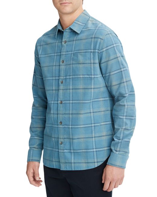 Vince Plaid Cotton Corduroy Button-Up Shirt in Blue Line/Sandstone at
