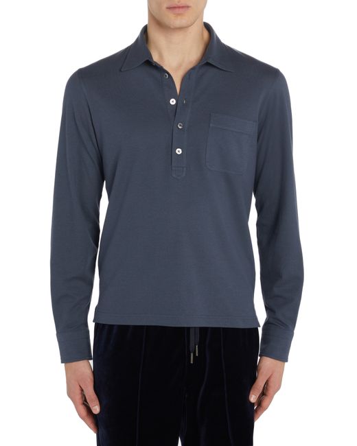 Tom Ford Long Sleeve Silk Cotton Piqué Pocket Polo in at
