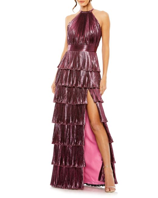 Mac Duggal Pleated Metallic Halter Gown in at 2