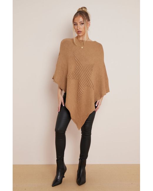 Aftershock London Camel Soft Knit Poncho with Star Detail