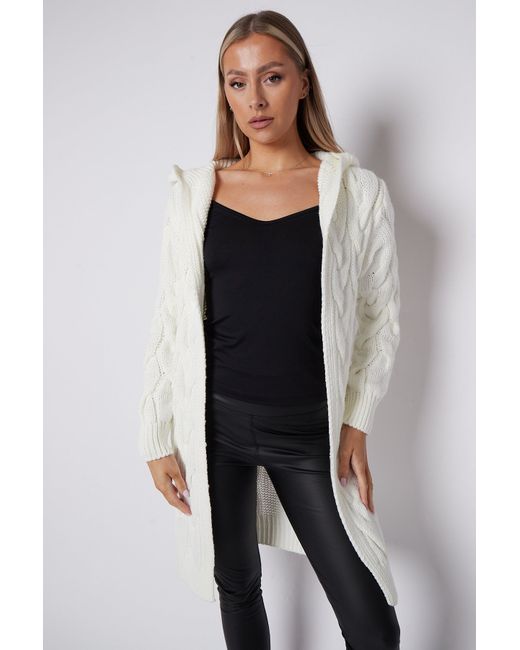 Aftershock London Ivory Hooded Cable Knit Longline Cardigan