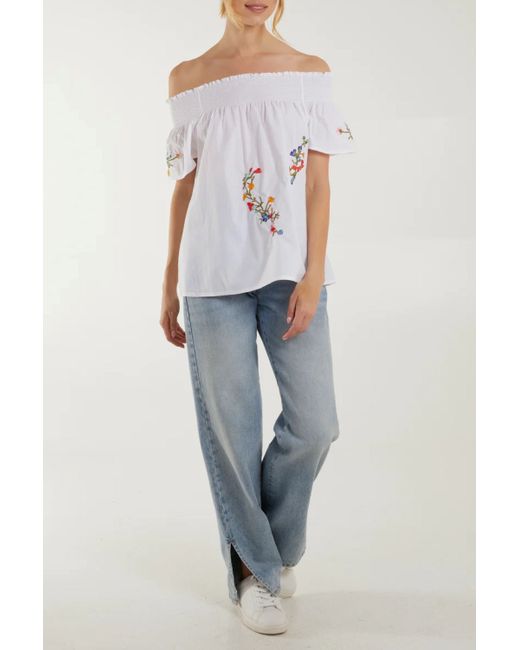 Aftershock London White Embroidery Bardot Cotton Top