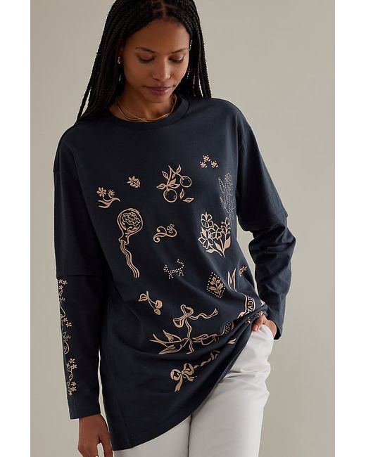Damson Madder Slouchy Double-Sleeve Organic Cotton Graphic T-Shirt