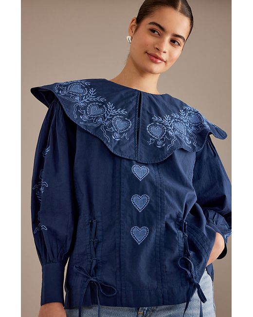 Damson Madder Juliette Embroidered Scalloped Collar Cotton Blouse