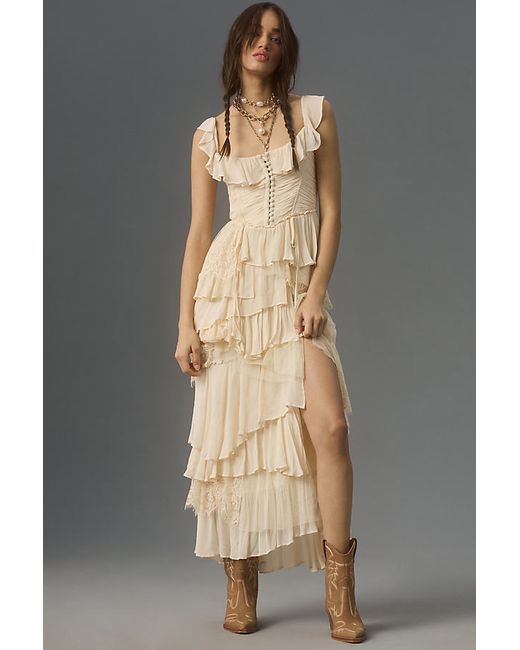 By Anthropologie Lacy Tiered Ruffle Corset Midi Dress
