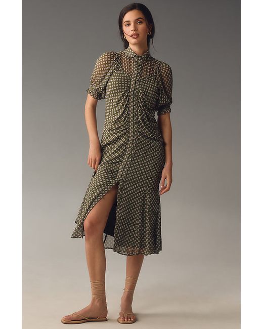 By Anthropologie Puff-Sleeve Ruched Mesh Midi Shirt Dress