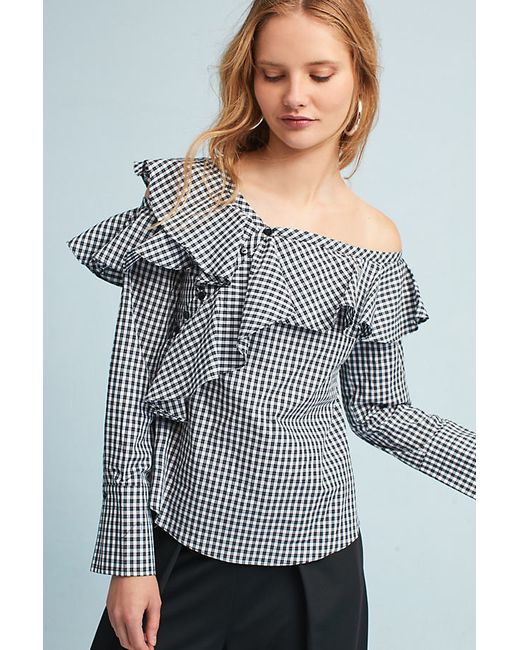 Anthropologie Keeley Ruffled One-Shoulder Gingham Blouse Size