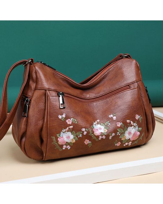 ArmadaDeals Ethnic Flower Embroidered Soft Leather Crossbody Bag