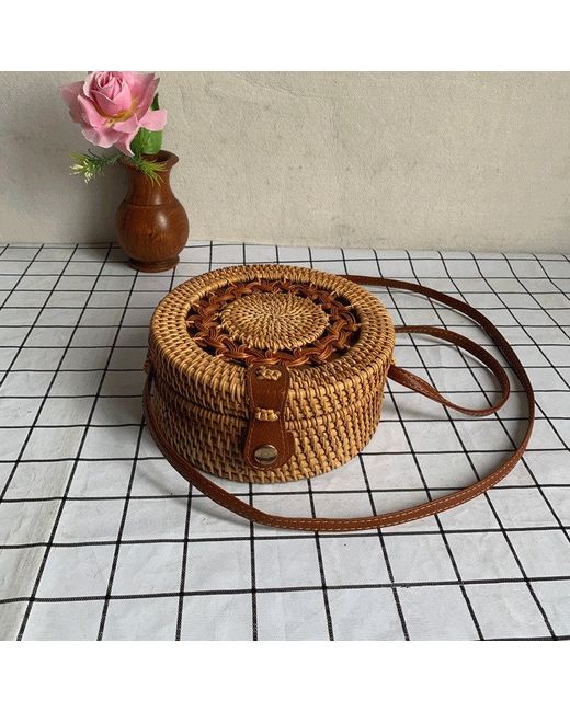 ArmadaDeals Straw Woven with Leather Strap Round Rattan Bag Type 3