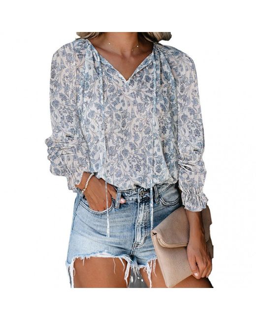 ArmadaDeals V-Neck Print Long Sleeve Bohemian Chiffon Shirt Style 5 2XL