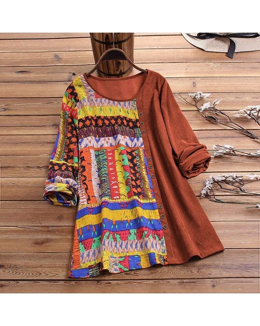 ArmadaDeals Floral Ethnic Style Stitching Printing Long Sleeve Top XXXL