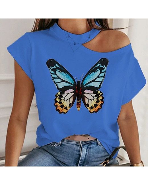 ArmadaDeals Butterfly Printed Off Shoulder Sexy Casual T-shirt XXL
