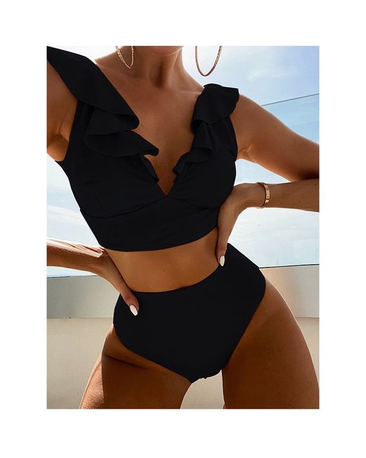 ArmadaDeals High Waist V-Neck Sexy Ruffles Bikini Swimsuit Set S