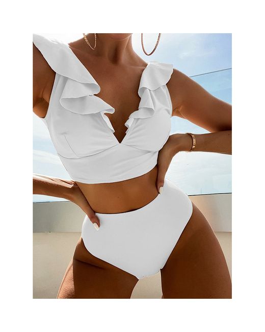 ArmadaDeals High Waist V-Neck Sexy Ruffles Bikini Swimsuit Set M