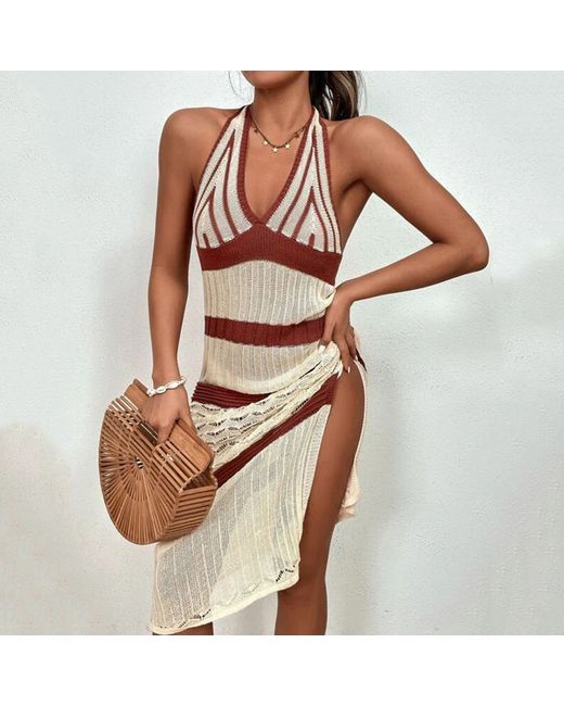ArmadaDeals Sexy Halter V-neck Knitted Striped Bikini Swimsuit over Cover-up Beach Dress