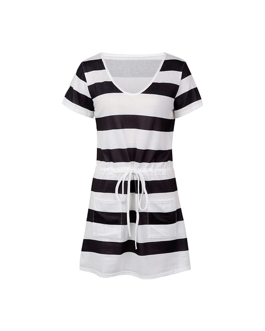 ArmadaDeals V-Neck Striped Print Short Sleeve Dress with Belts Pockets M