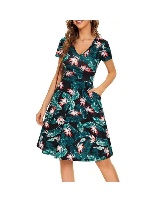 ArmadaDeals Summer V-Neck Short Sleeve Pocket Print Dress Style 3 M