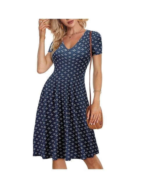 ArmadaDeals Summer V-Neck Short Sleeve Pocket Print Dress Style 5 M
