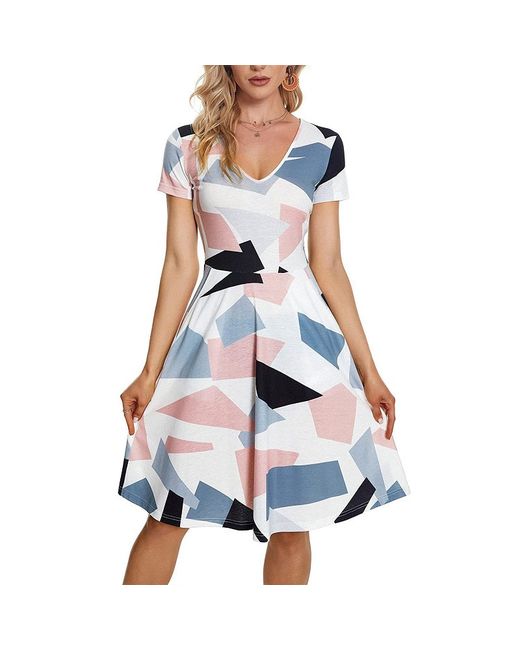 ArmadaDeals Summer V-Neck Short Sleeve Pocket Print Dress Style 7 M