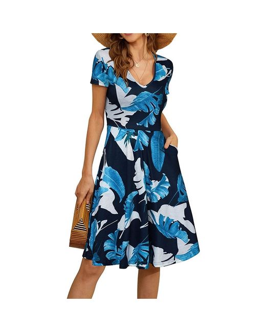 ArmadaDeals Summer V-Neck Short Sleeve Pocket Print Dress Style 9 M