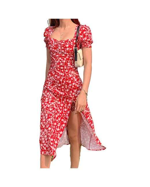 ArmadaDeals Low-cut Square Neck Floral Print Puff Sleeve High Split Dress M