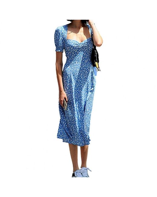 ArmadaDeals Low-cut Square Neck Floral Print Puff Sleeve High Split Dress M