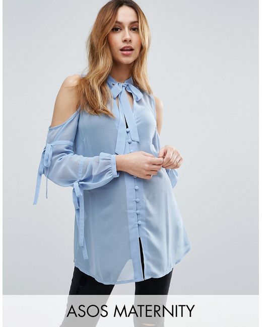 ASOS Maternity Pussy Bow Blouse with Cold Shoulder and Tie Sleeve