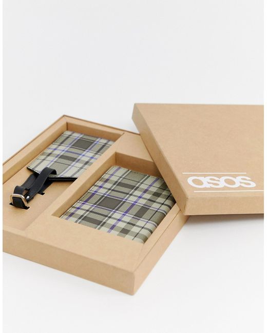 Asos Design leather passport holder and luggage tag set in check