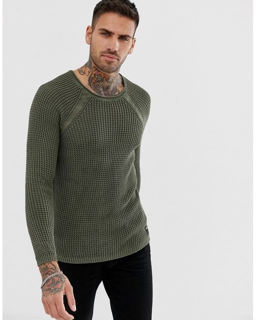 Replay muscle fit mesh sweater in olive