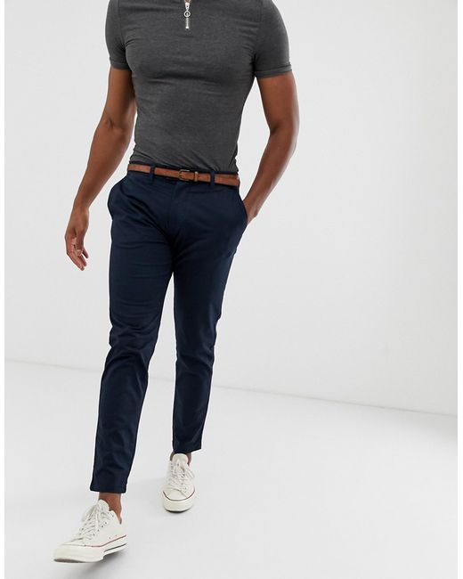 Pull & Bear skinny chino with belt in blue