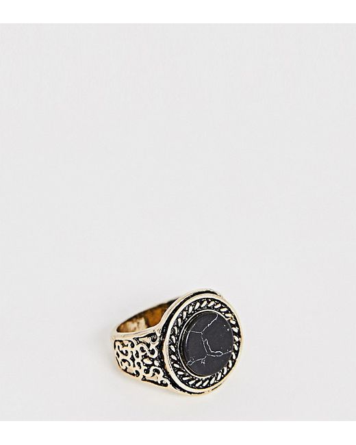 DesignB London DesignB vintage inspired black marble signet ring in burnished exclusive