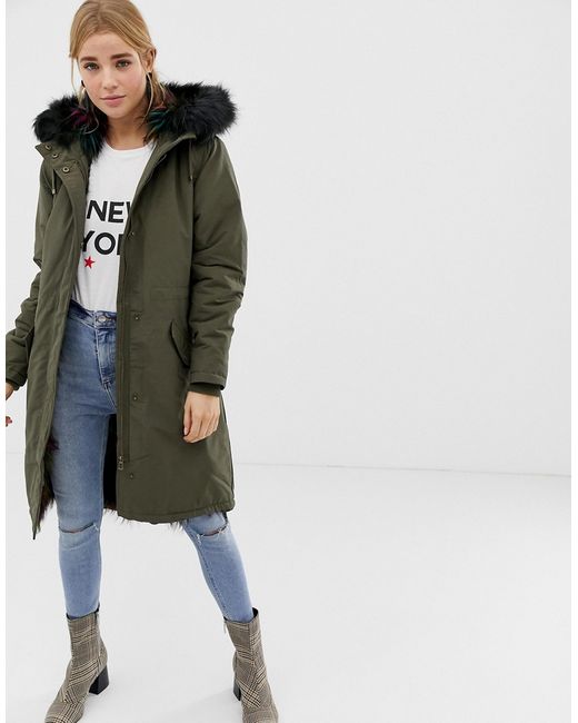New Look multicoloured fur lined parka