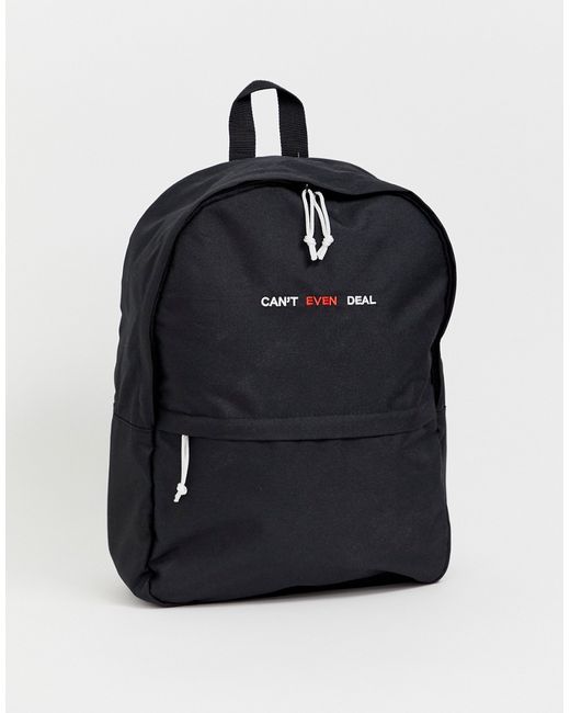 Asos Design backpack in with cant even deal embroidery