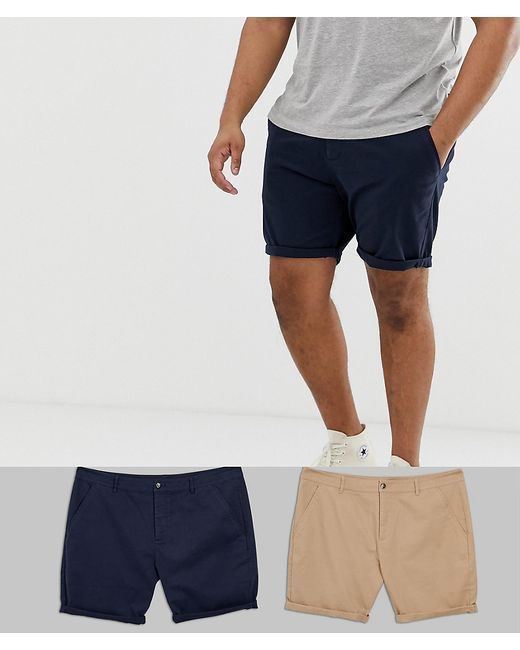 Asos Design Plus 2 pack slim chino shorts in stone