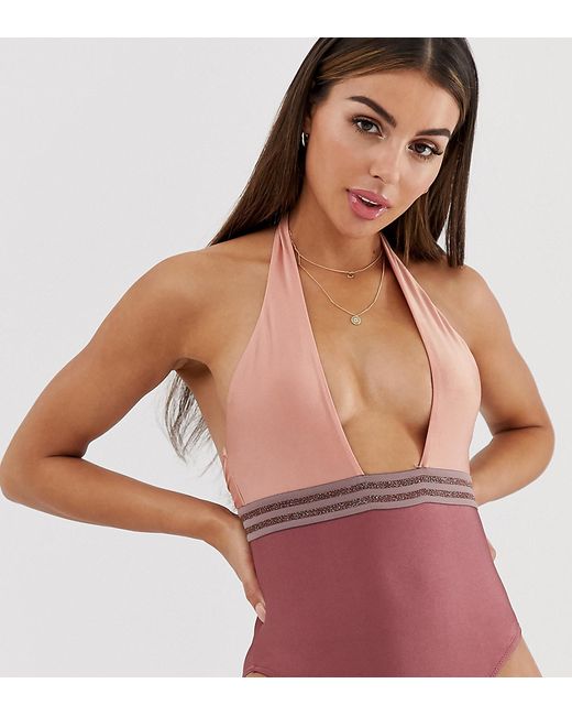 Miss Selfridge Exclusive halter neck swimsuit with taping in pink