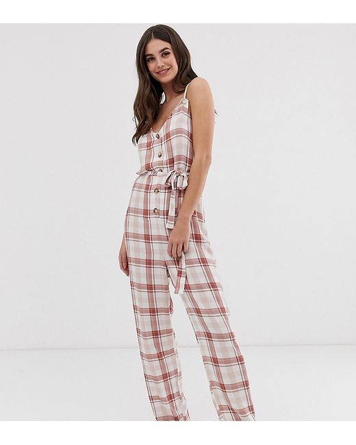 ASOS Tall ASOS DESIGN Tall casual check jumpsuit with rope straps and button