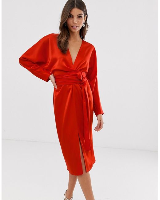 Asos Design midi dress with batwing sleeve and wrap waist in