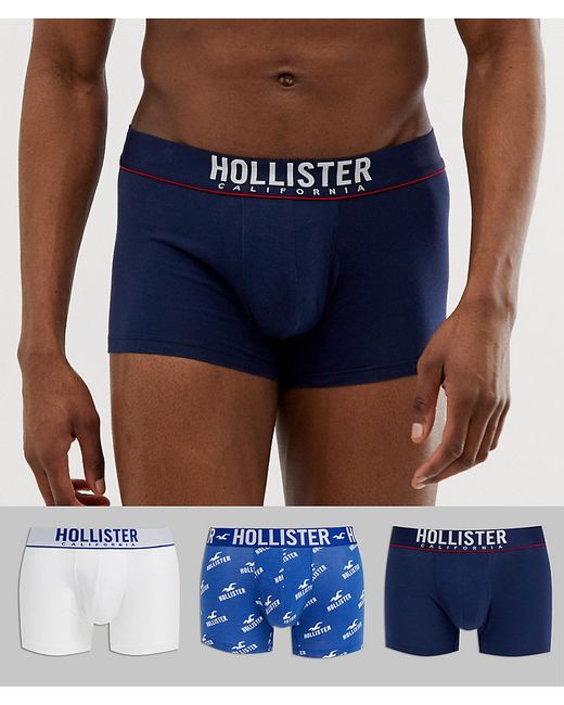 Hollister 3 pack trunks logo waistband in navy/white solid blue