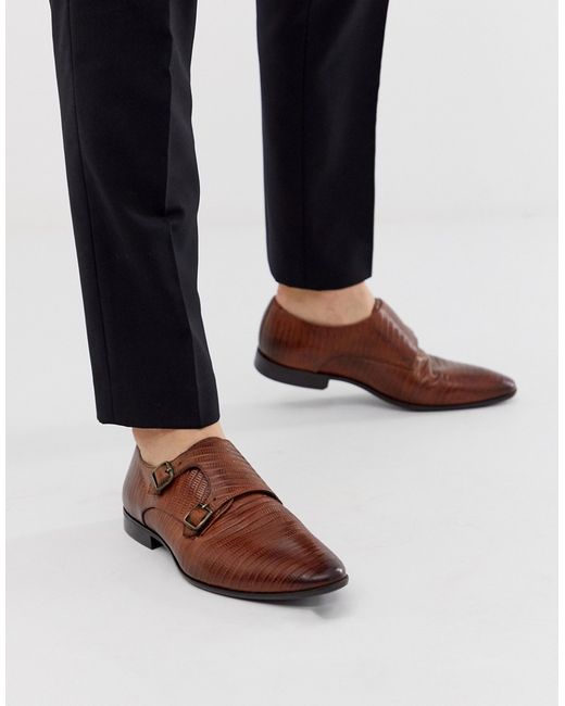 Asos Design monk shoes in brown leather with lizard effect