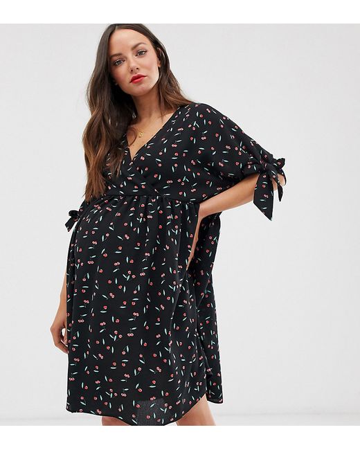 ASOS Maternity ASOS DESIGN Maternity smock wrap mini dress with tie sleeves in