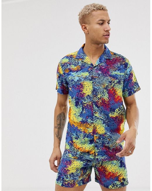 Urban Threads revere collar shirt in rainbow moon print