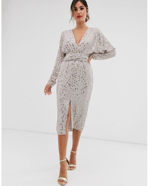 Asos Design midi dress with batwing sleeve and wrap waist in
