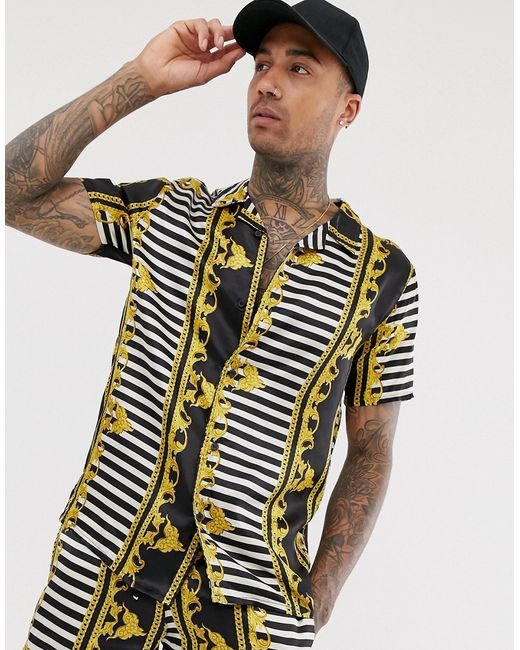Urban Threads satin revere collar shirt in stripe baroque print