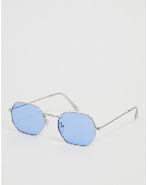 Asos Design metal angled sunglasses in silver with lenses
