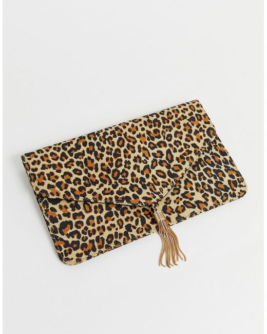 Asos Design tassel clutch bag in leopard